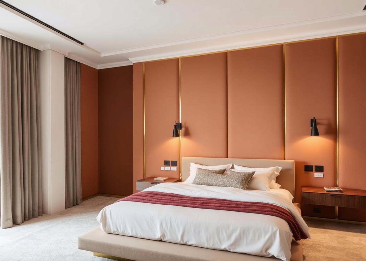 Upholstered bed wall with slim brass reveals and warm wall lights