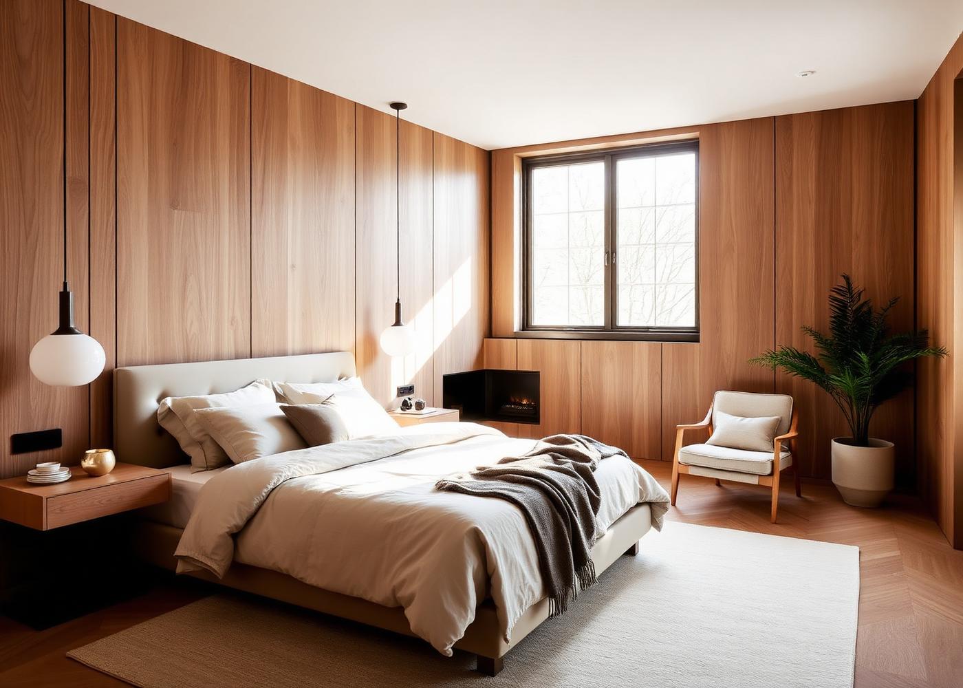 Warm minimal bedroom with timber panelling and linen bedding