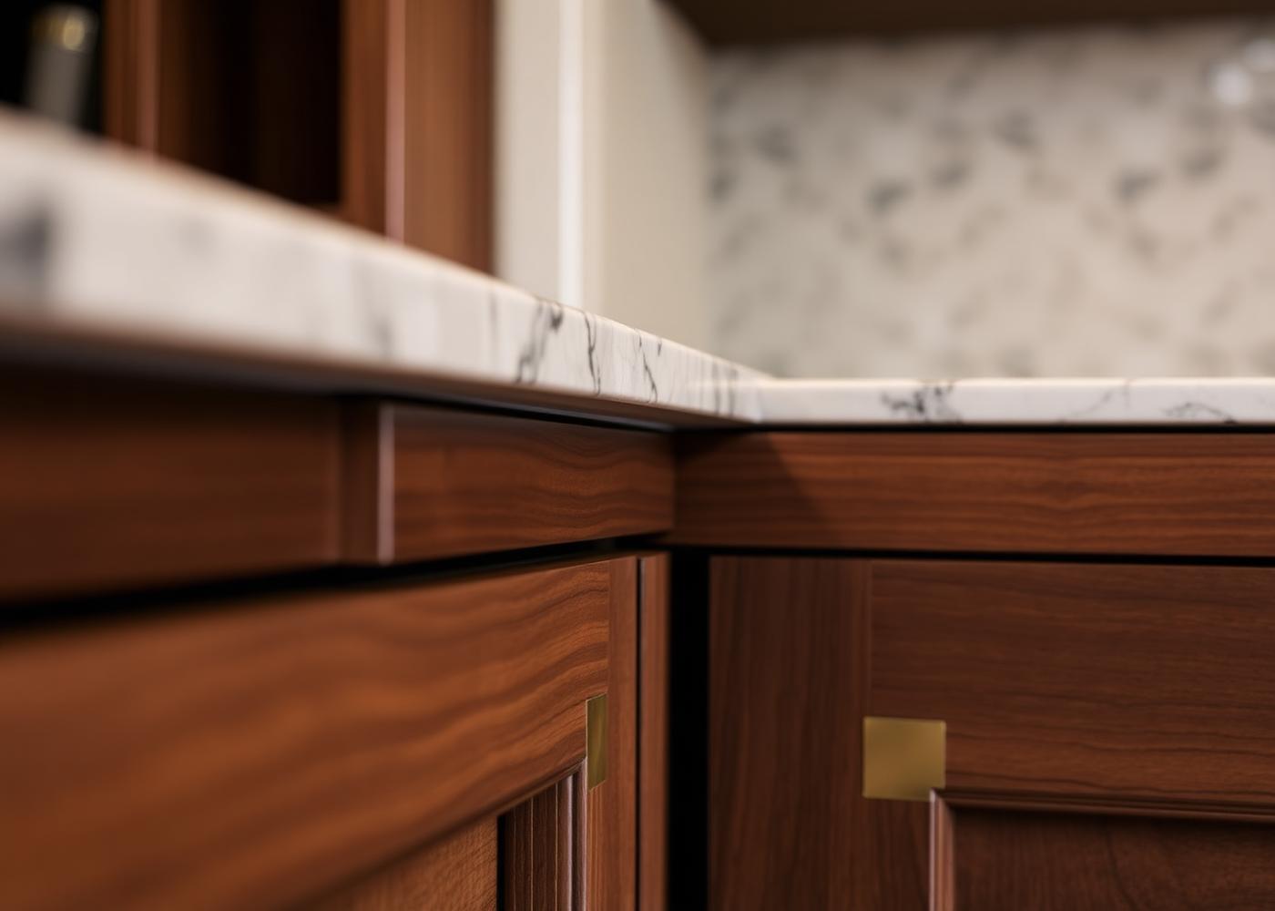 Close detail of bespoke walnut joinery with brass hardware and a stone top
