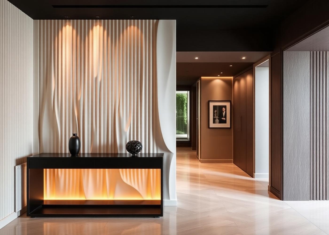 Sculptural plaster feature wall lit with concealed warm light