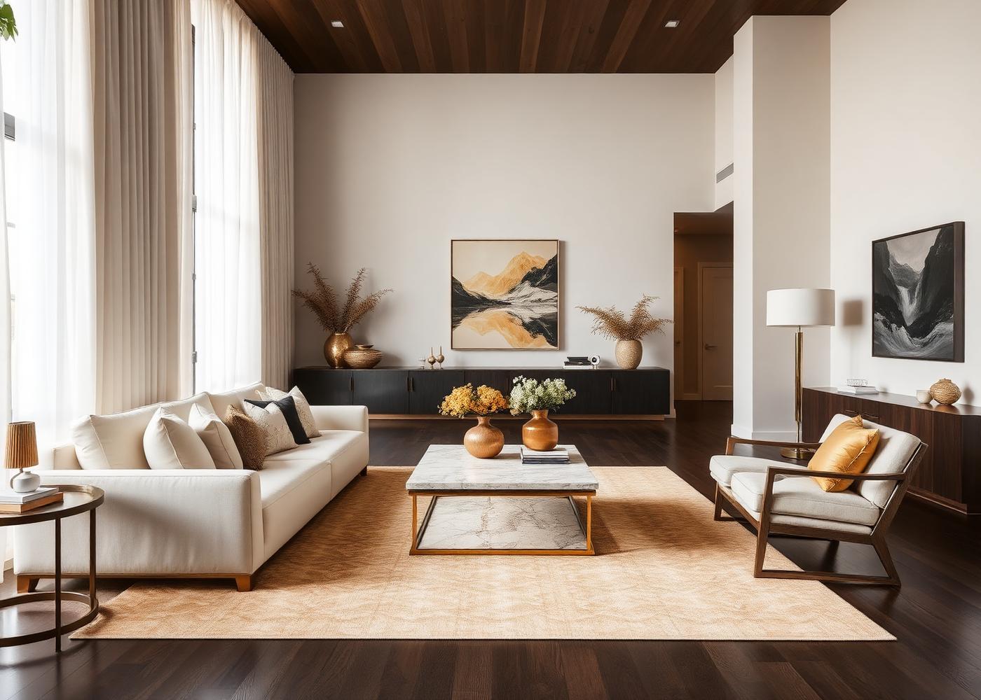 Elegant living room with ivory sofa, stone table and warm gold accents