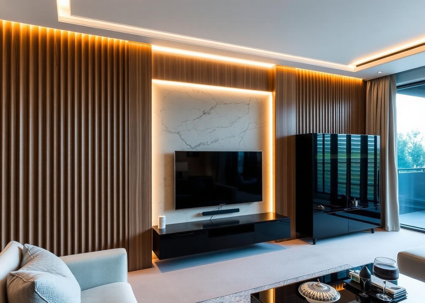 Fluted timber TV feature wall with concealed warm lighting and a stone insert
