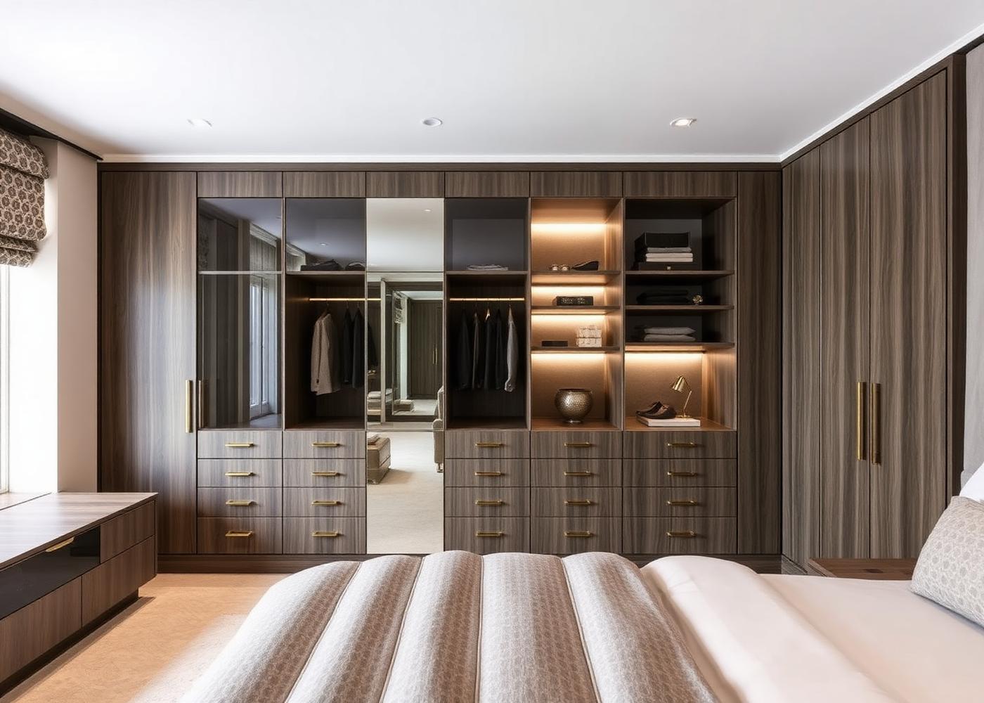 Floor to ceiling fitted wardrobe joinery in smoked oak with brass detailing